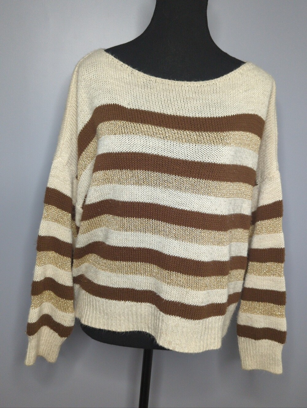 ViaVitale Striped Knit Sweater Cream Brown Metallic Gold Shimmer Boat Neck M